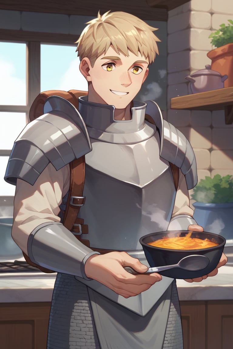 score_9, score_8_up, score_7_up, solo, 1boy, male focus, laios, armor, pauldrons, breastplate, cowboy shot, backpack, cooking, steam, smile, pot, yellow eyes,<lora:EMS-305090-EMS:0.800000>