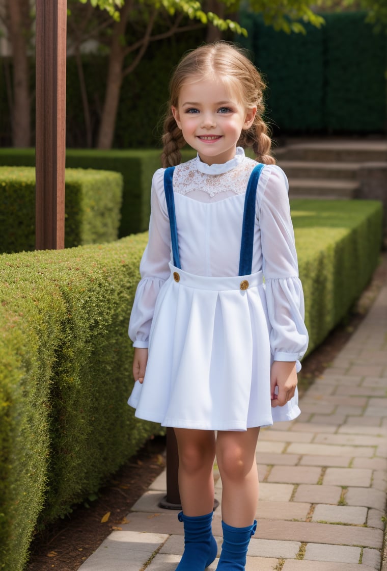 skinny little girl, 7 year-old, full body, blue velvet mini skirt, skirt suspender, suspender, tulle sleeves, white shirt, collar bib, lace, secret garden background, looking at viewer, dark blond Dutch Braid hair, long sleeves, realistic, sunny day, soft smile, MSWS,<lora:EMS-179-EMS:0.300000>,<lora:EMS-305109-EMS:0.800000>