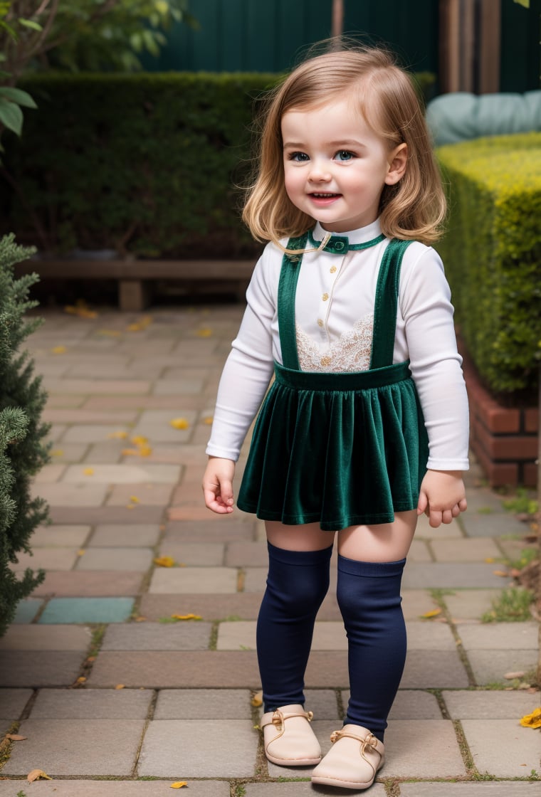 baby girl, 2 year-old, full body, dark green velvet mini skirt, skirt suspender, suspender, tulle sleeves, white shirt, collar bib, lace, secret garden background, looking at viewer, dark blond Long Casual Waves hair, long sleeves, black shoes, realistic, sunny day, soft smile, MSWS,<lora:EMS-179-EMS:0.300000>,<lora:EMS-305109-EMS:0.800000>