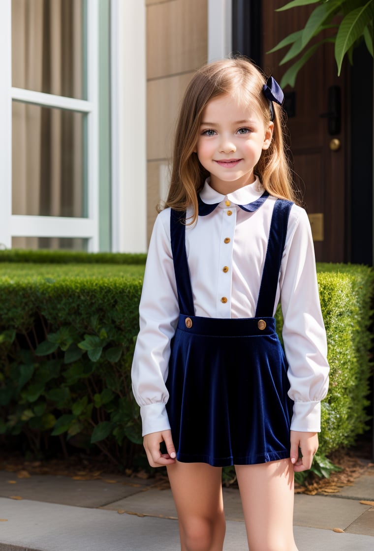 skinny little girl, 7 year-old, full body, orange velvet mini skirt, skirt suspender, suspender, tulle sleeves, white shirt, collar bib, lace, secret garden background, looking at viewer, dark blond Long Casual Waves hair, long sleeves, black shoes, realistic, sunny day, soft smile, MSWS,<lora:EMS-179-EMS:0.300000>,<lora:EMS-305109-EMS:0.800000>