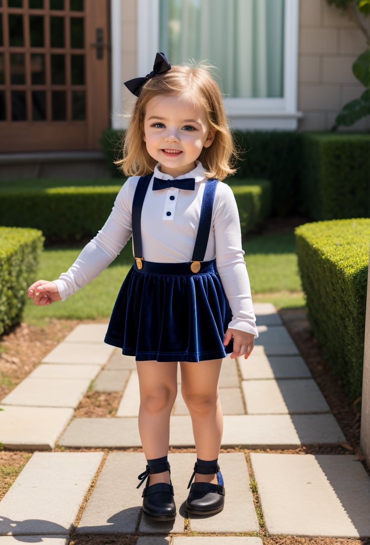 baby girl, 2 year-old, full body, orange velvet mini skirt, skirt suspender, suspender, tulle sleeves, white shirt, collar bib, lace, secret garden background, looking at viewer, dark blond Long Casual Waves hair, long sleeves, black shoes, realistic, sunny day, soft smile, MSWS,<lora:EMS-179-EMS:0.300000>,<lora:EMS-305109-EMS:0.800000>