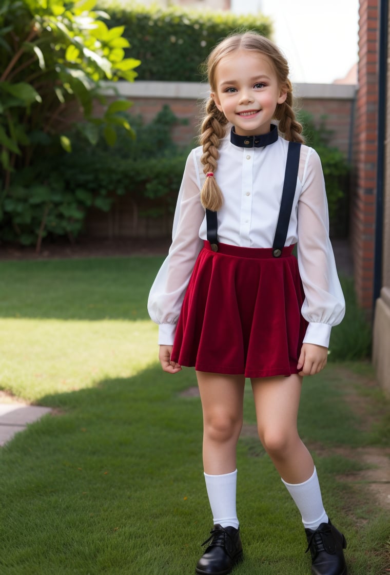 skinny little girl, 7 year-old, full body, red velvet mini skirt, skirt suspender, suspender, tulle sleeves, white shirt, collar bib, lace, secret garden background, looking at viewer, dark blond Dutch Braid hair, long sleeves, black shoes, realistic, sunny day, soft smile, MSWS,<lora:EMS-179-EMS:0.300000>,<lora:EMS-305109-EMS:0.800000>