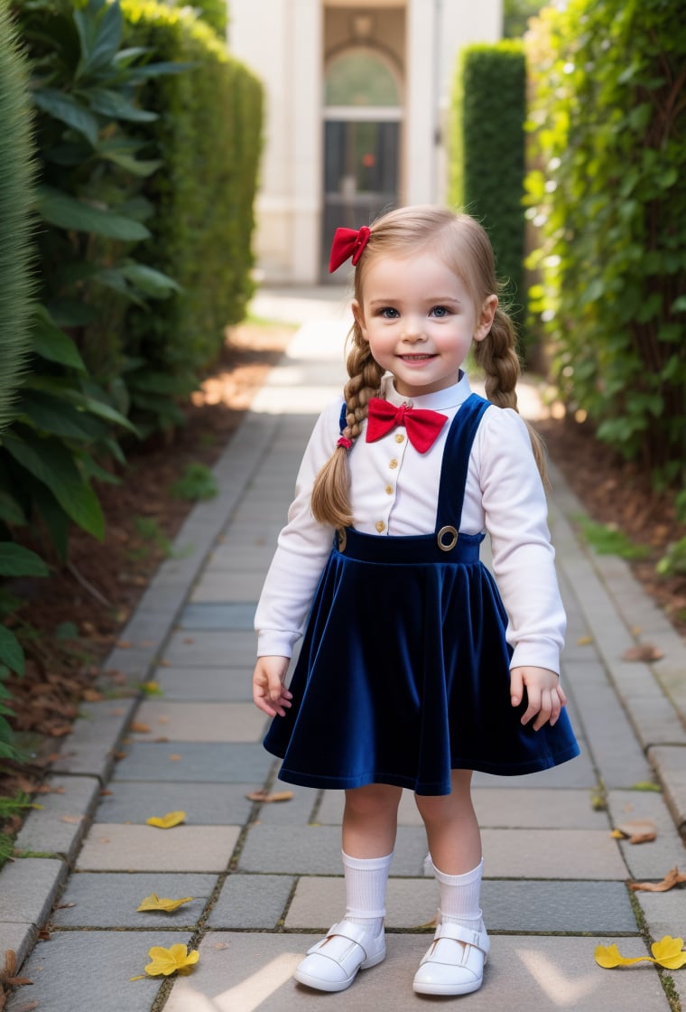 skinny toddler girl, 4 year-old, full body, blue velvet mini skirt, skirt suspender, suspender, white shirt, collar bib, lace, secret garden background, looking at viewer, dark blond Dutch Braid hair, long sleeves, realistic, sunny day, soft smile, MSWS,MSWS,<lora:EMS-179-EMS:0.300000>,<lora:EMS-305109-EMS:0.800000>