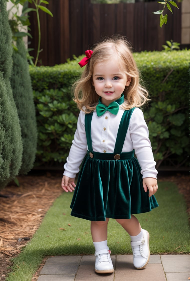 baby girl, 2 year-old, full body, dark green velvet skirt, skirt suspender, suspender, tulle sleeves, white shirt, collar bib, lace, secret garden background, looking at viewer, dark blond Long Casual Waves hair, long sleeves, black shoes, realistic, sunny day, soft smile, MSWS,<lora:EMS-179-EMS:0.300000>,<lora:EMS-305109-EMS:0.800000>