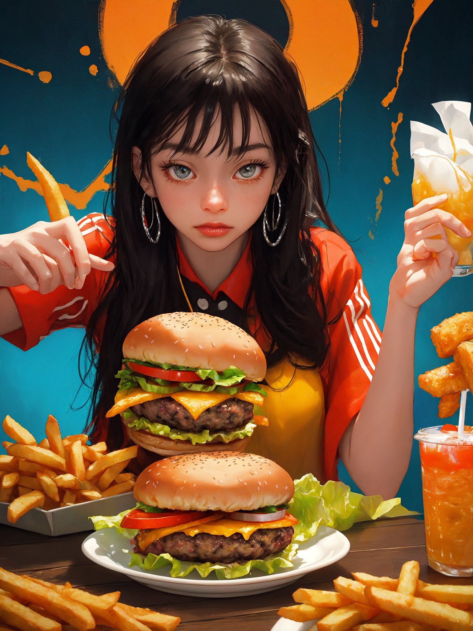   burger with fries and drink close up view ,
 
 
 dynamic colors, highly vibrant saturated colors, UHD, QDOT, OLED quality, dynamic contrast, rec2020


 

, thin cracks in paint,
 perfect split lighting,oil painting
