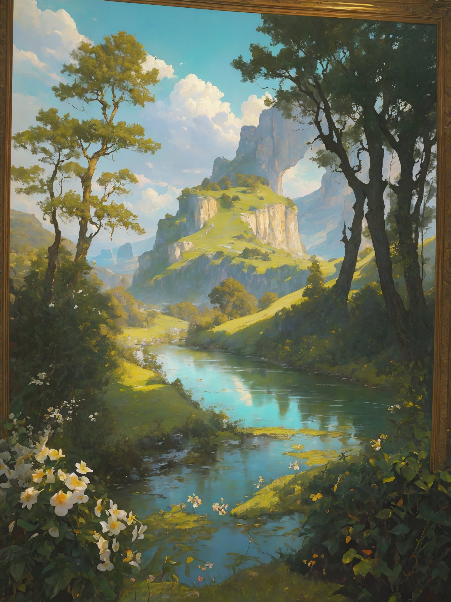 masterpiece, best quality, highres,  
  raw, photorealistic, real,  realistic photo of a
stunning scenic view ,
  ,  painting of a dynamic lush landscape,
  
extremely  dynamic angles, 
 Sir Lawrence Alma-Tadema style painting, dynamic colors, highly vibrant saturated colors, UHD, QDOT, OLED quality, dynamic contrast, rec2020


 

, thin cracks in paint,
 perfect split lighting,oil painting

