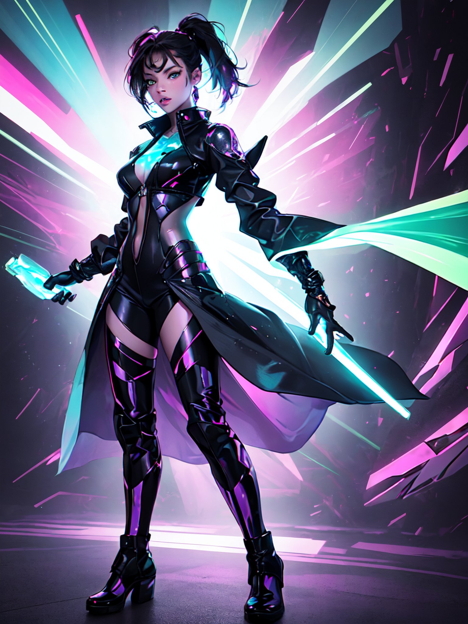 a very modern cyber punk girl with holographic weapons,
 
 
 dynamic colors, highly vibrant saturated colors, UHD, QDOT, OLED quality, dynamic contrast,  

 
 