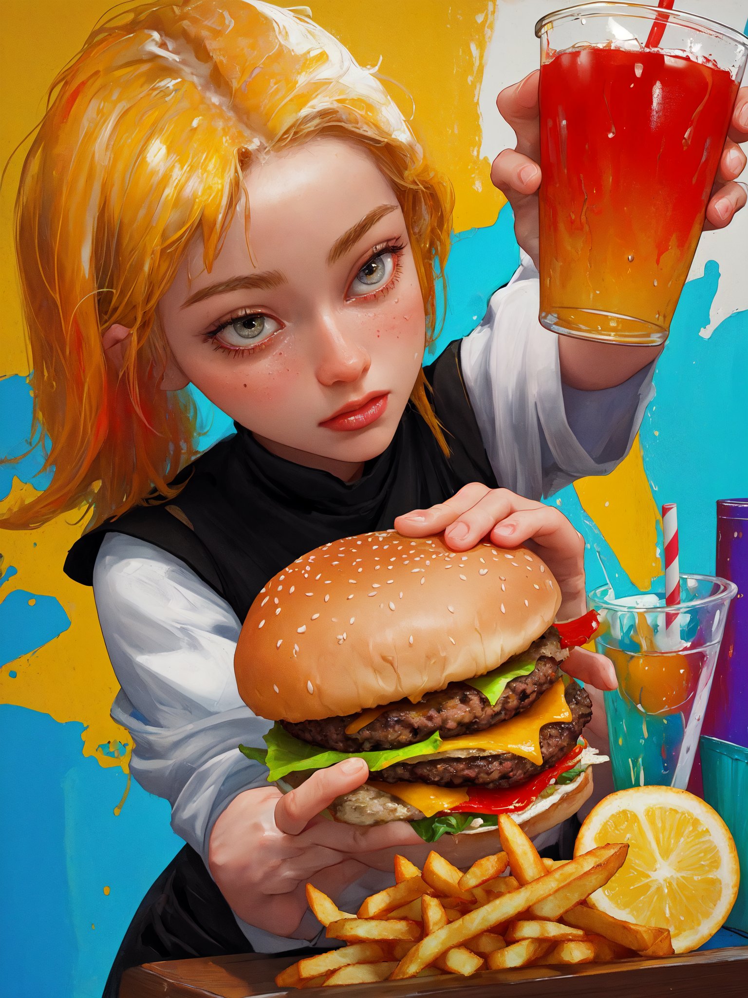   burger with fries and drink close up view ,
 
 
 dynamic colors, highly vibrant saturated colors, UHD, QDOT, OLED quality, dynamic contrast, rec2020


 

, thin cracks in paint,
 perfect split lighting,oil painting
