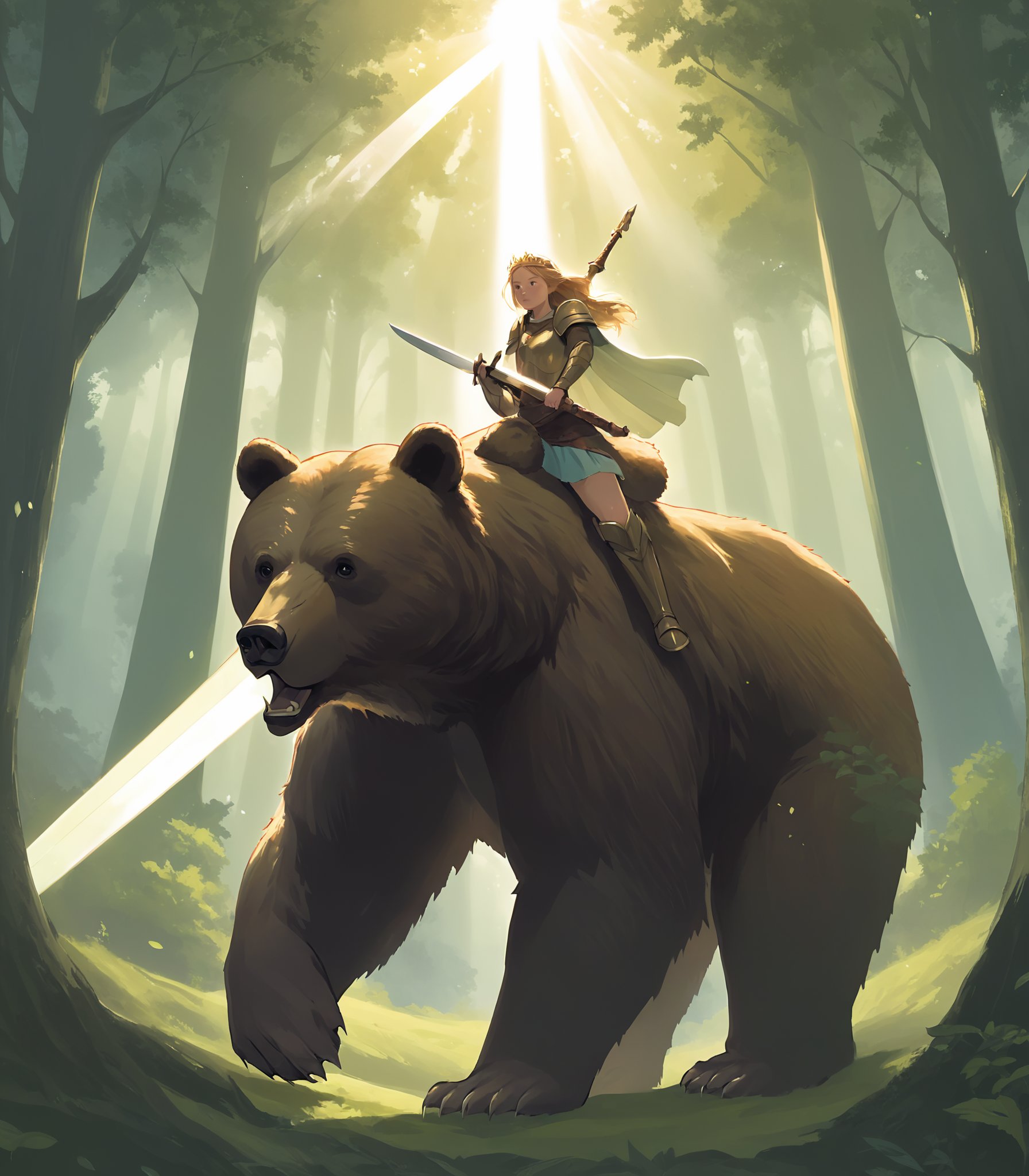 Illustration of a brave warrior princess riding on the back of a mighty bear, wearing traditional armor and wielding a shining sword, amidst a lush forest with towering trees and a hint of sunlight breaking through the foliage. The bear, towering and powerful, appears calm and unyielding as it carries the determined girl through the wilderness