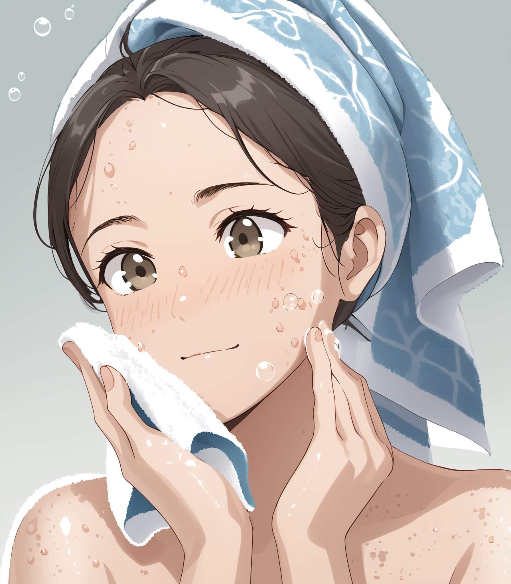 Illustration of a person using a rough-textured exfoliating towel to gently scrub their skin, with small lathered bubbles visible. The person's relaxed expression indicates a soothing and refreshing experience, while the towel's texture is evident in the detailed patterns on its surface., x arms