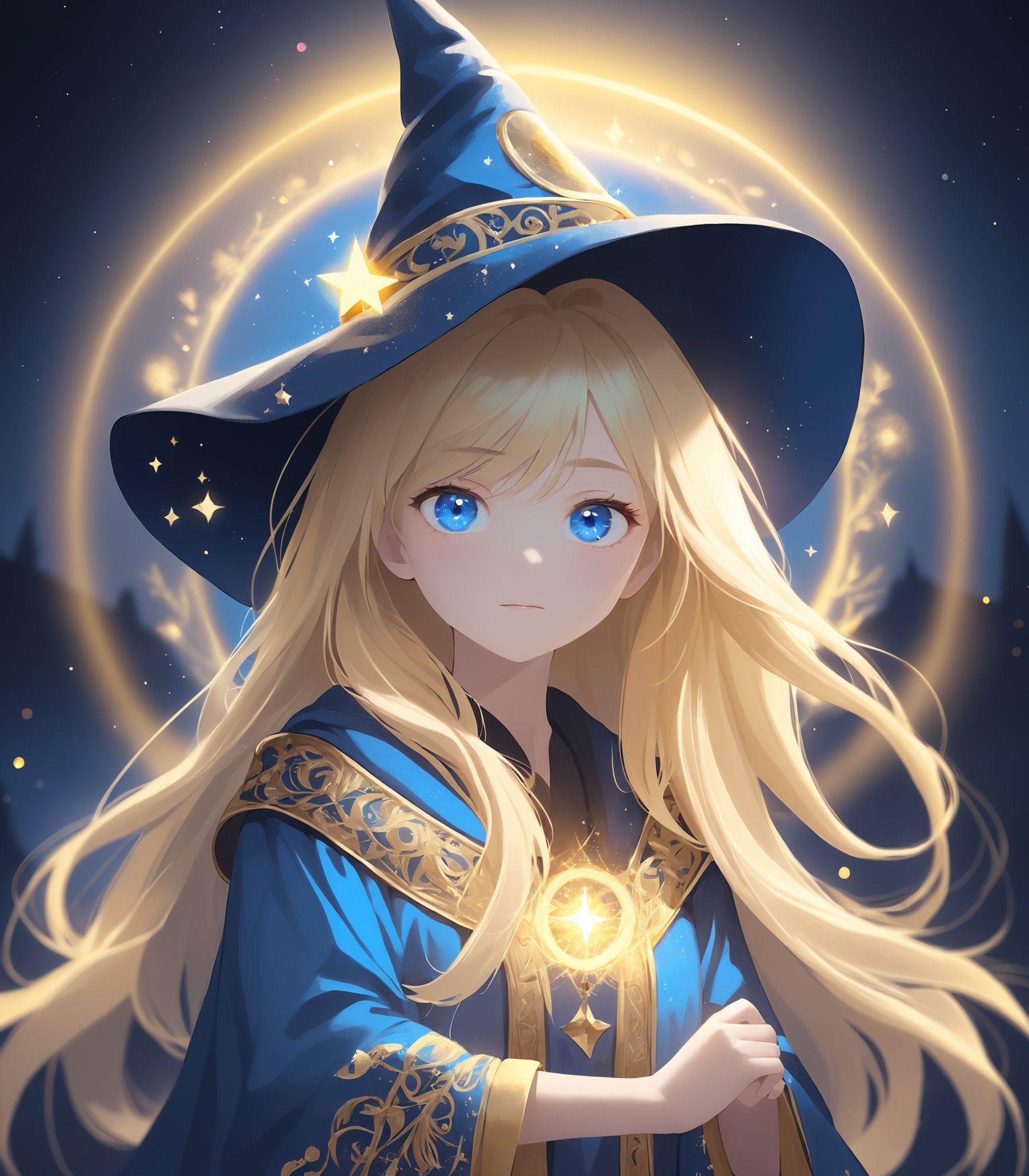 A photo of a blonde, blue-eyed Wizard girl standing on a moonlit night.A colorful, sparkling halo appears and colors the scene.She wears a wizard hat with gold embroidery and luxurious robes, creating a mysterious atmosphere.,nmoon