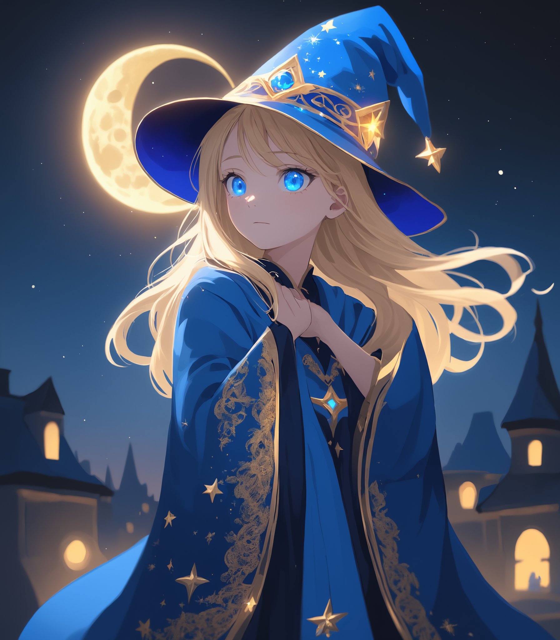 A photo of a blonde, blue-eyed Wizard girl standing on a moonlit night.A colorful, sparkling halo appears and colors the scene.She wears a wizard hat with gold embroidery and luxurious blue robes, creating a mysterious atmosphere.,blue moon