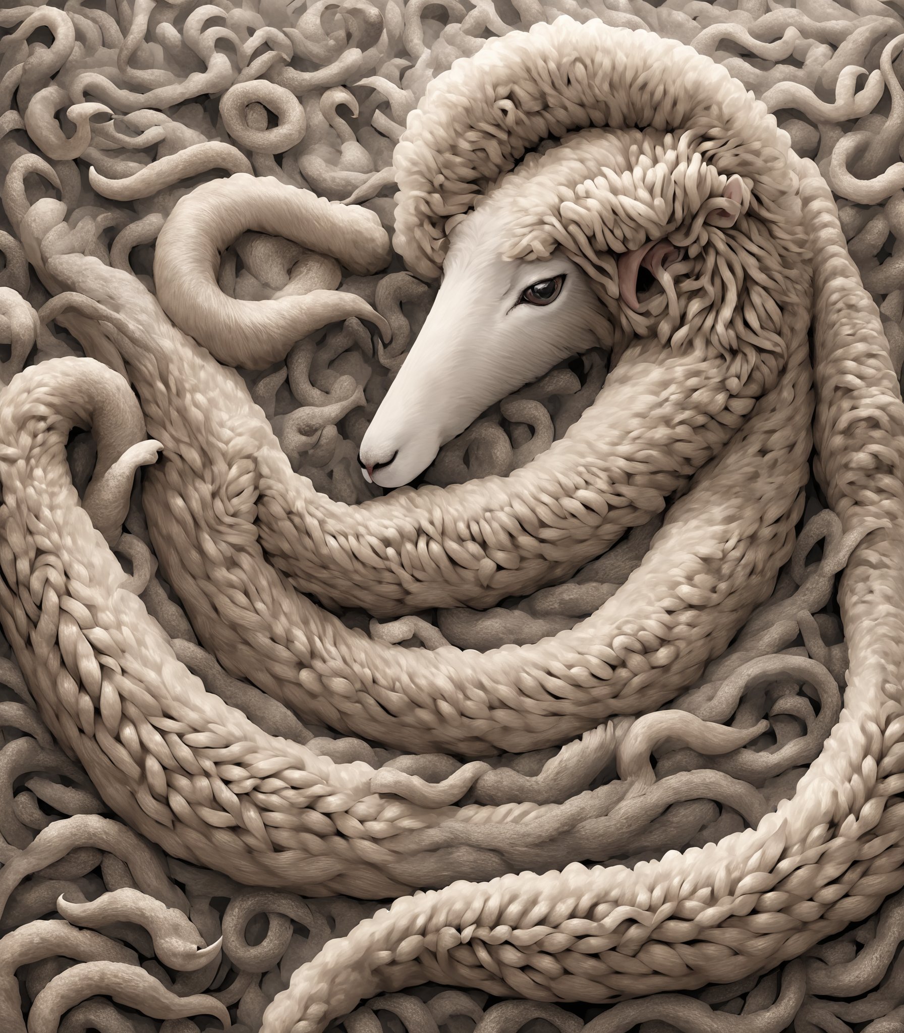 Illustration of a sheep composed entirely of eels, with every detail from its wooly fur to its hoof accurately rendered in the shape of an eel, showcasing the intricate artistry of combining the two seemingly unrelated creatures into a seamless and captivating image