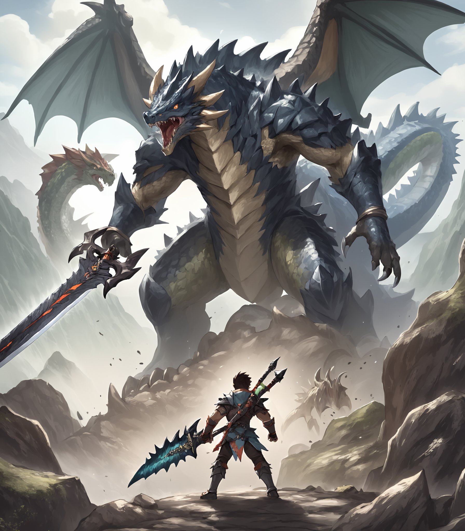 Illustration of a fierce and determined Monster Hunter wielding a colossal sword, wearing intricately designed armor adorned with trophies from defeated beasts, standing triumphantly on a rocky terrain with a menacing dragon looming in the background, capturing the adrenaline-filled fantasy world of Monster Hunter