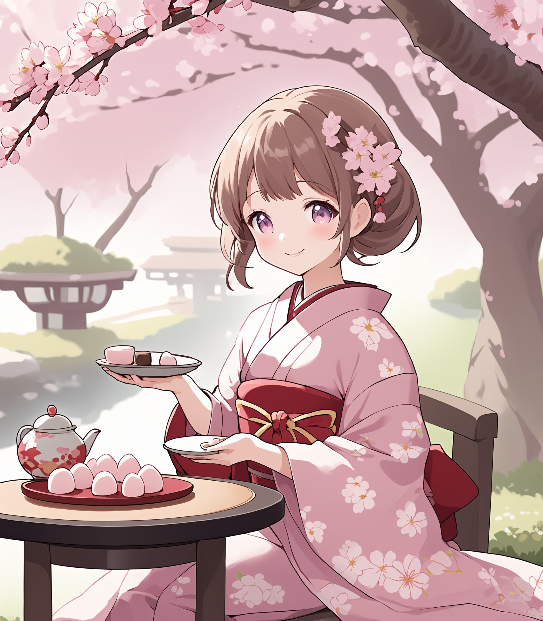 Illustration of a charming anime-style girl with rosy cheeks, dressed in a traditional Japanese kimono adorned with delicate cherry blossom patterns, holding a plate of mochi and smiling sweetly as she presents the delectable treats. The background features a serene setting with a cozy tea table, a blossoming cherry tree, and a tranquil garden scene, accentuating the delightful appeal of the mochi girl