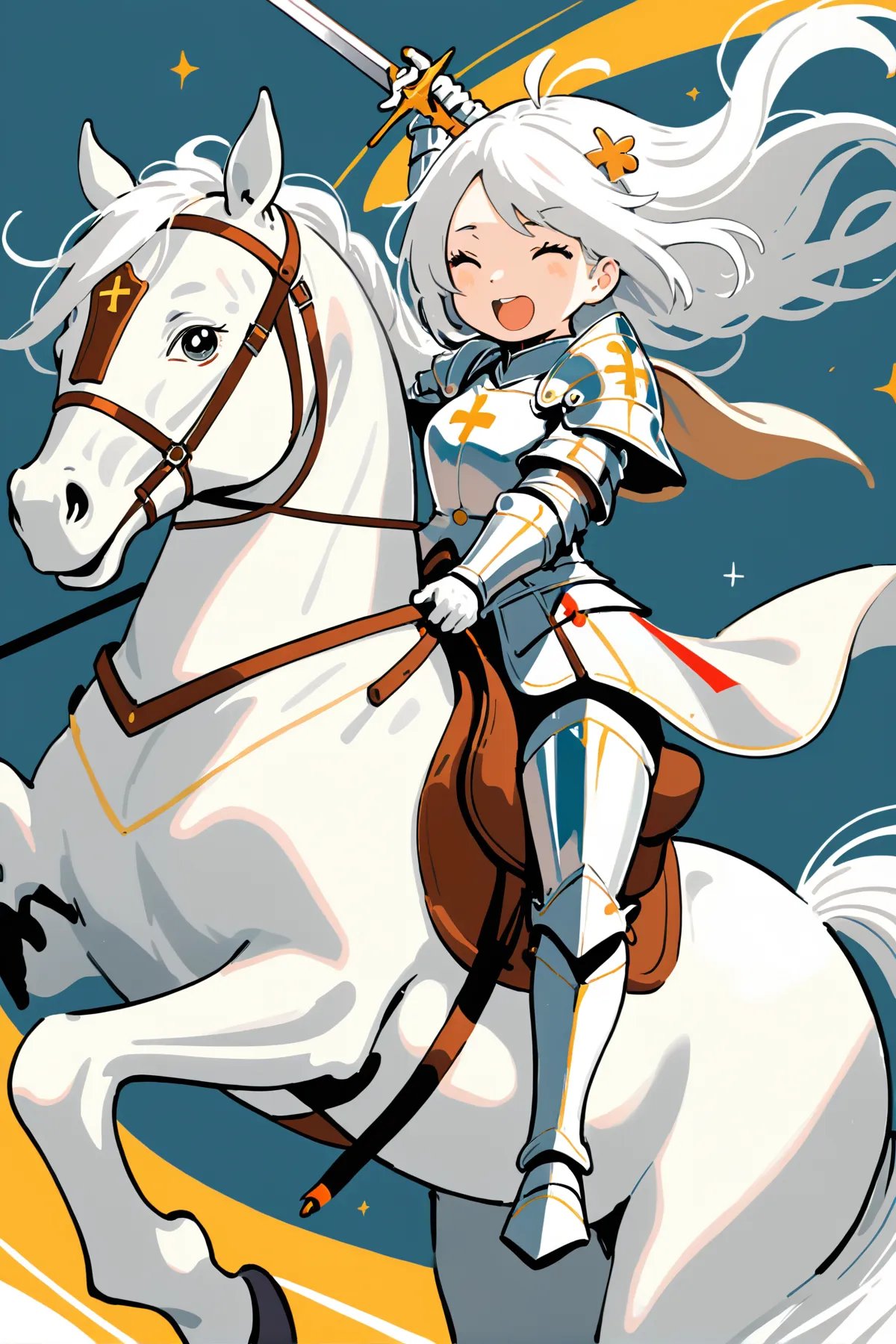 Illustration of a female knight riding a white horse with a joyful expression, holding a shining sword high in the air as the wind whips through her hair and the iconic Miffy character, wearing a tiny suit of armor, sits on the horse’s back looking determined and brave.