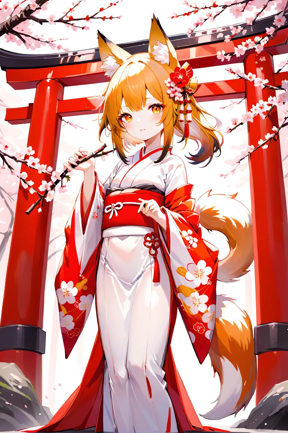 Illustration of a young fox shrine maiden standing in front of a traditional Japanese torii gate, wearing a flowing white and red kimono with fox ears and a tail, holding a sakura branch with blossoms. She gazes at the viewer with mesmerizing golden eyes, carrying an aura of mysticism and grace.、