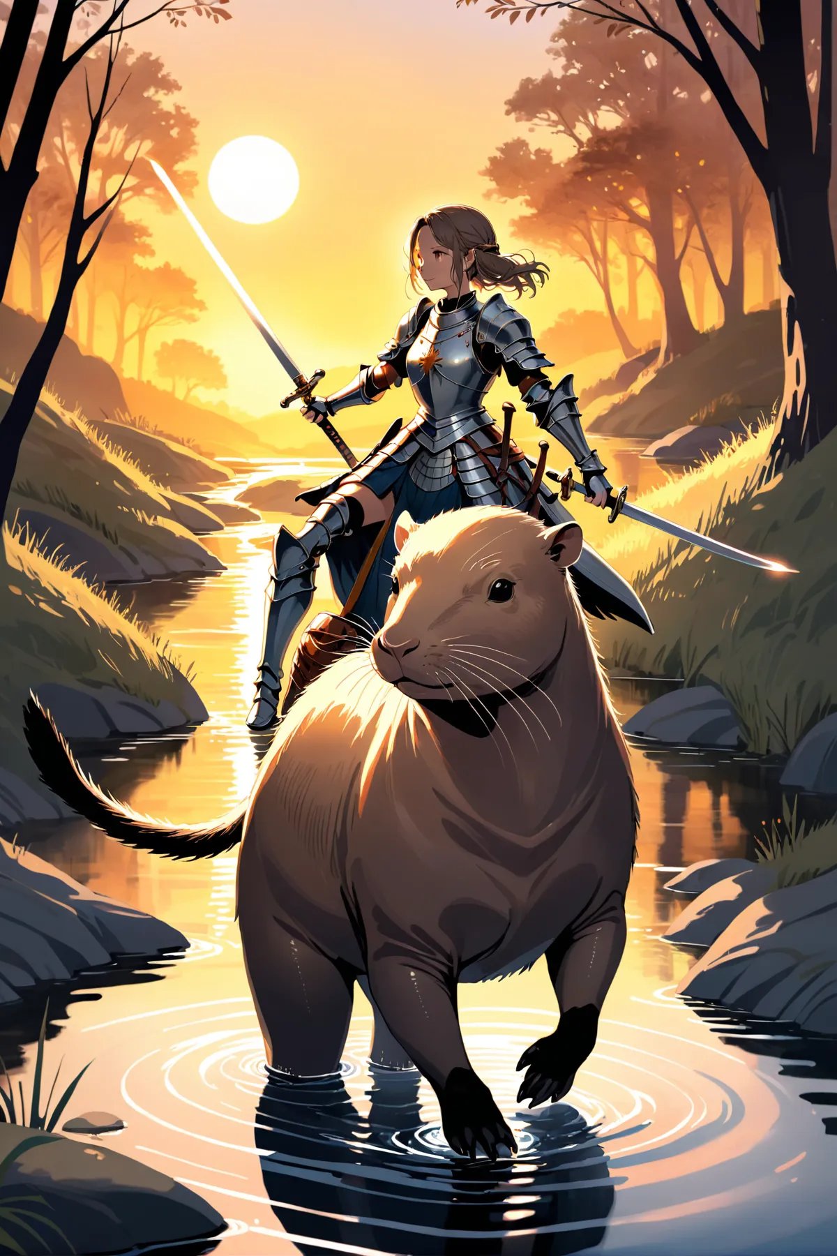 Illustration of a female knight riding a majestic nutria through a serene stream, gracefully wielding a sword as the sun sets behind them, casting a warm glow across the peaceful scene