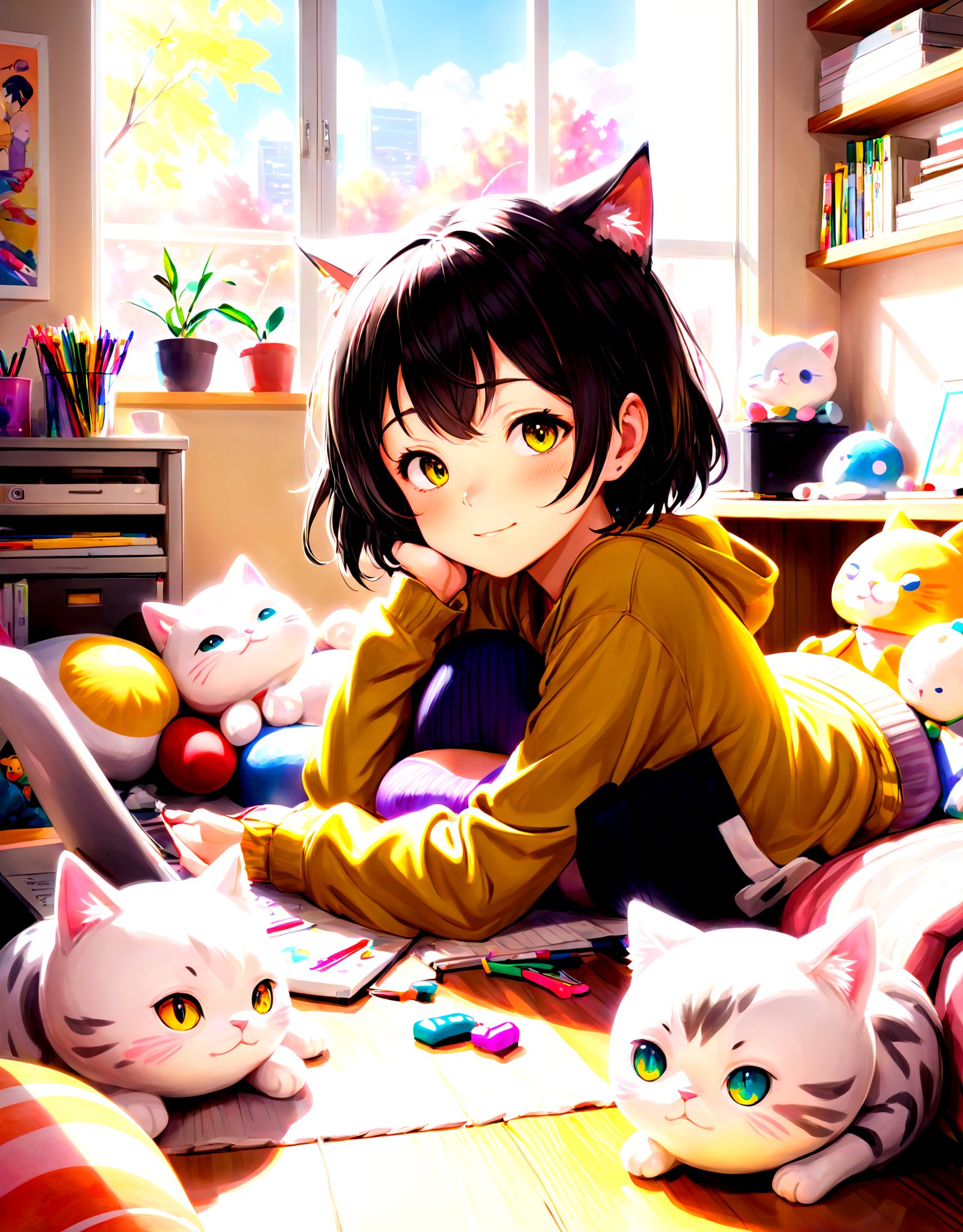 highres,best quality,image type of illustration:Shirakami Fubuki, the popular virtual YouTuber, happily lounging in a cozy room surrounded by plushies, with a sunny window casting warm light on a desk cluttered with art supplies and a playful kitten napping nearby.