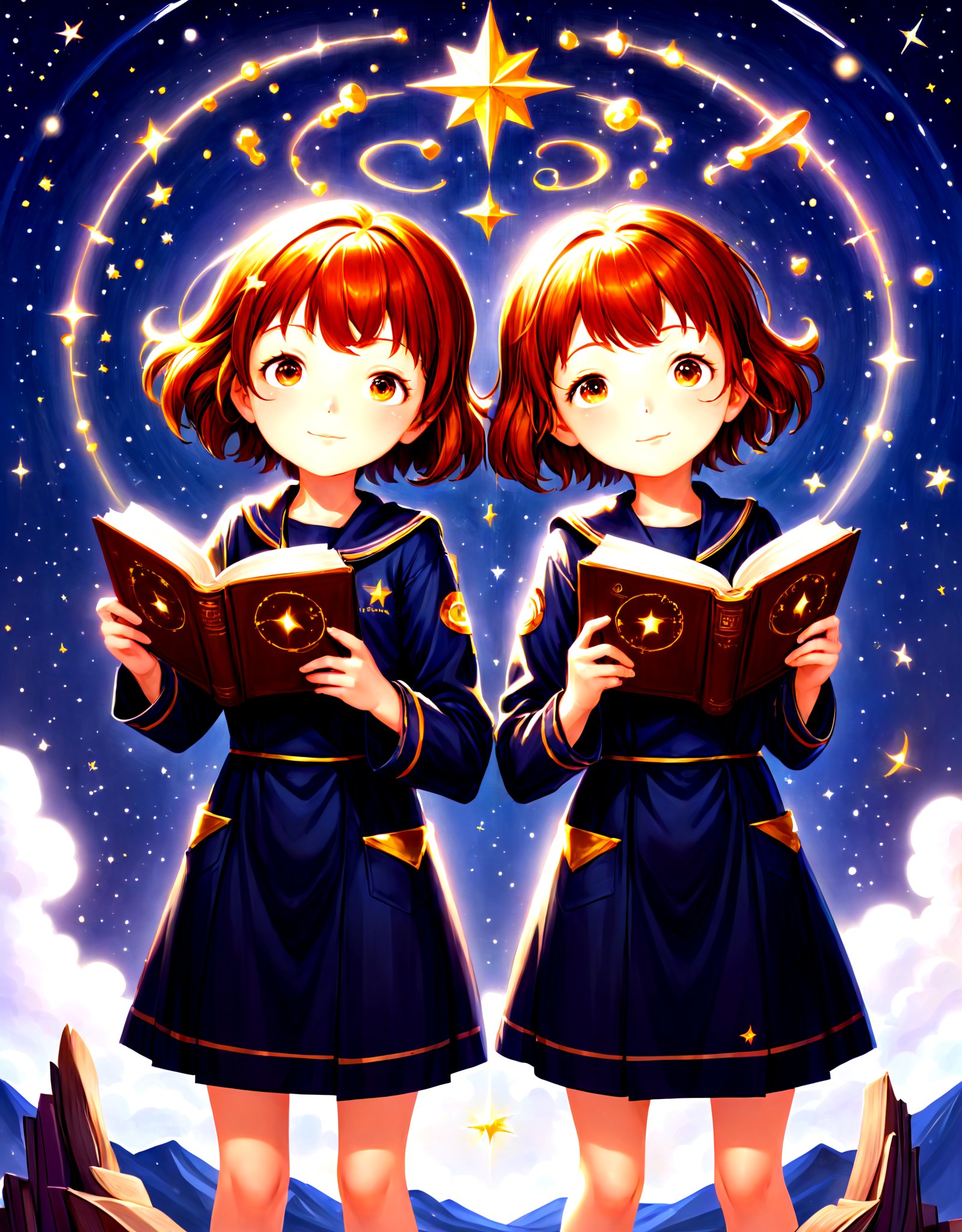 highres,best quality,An illustration of a pair of intelligent-looking twins, each with a mischievous twinkle in their eyes. They stand side by side, with one holding a book labeled "Knowledge" and the other holding a telescope, symbolizing enlightenment and curiosity. The background shows a starry sky with constellations of the Gemini zodiac sign, emphasizing their intellect and newfound wisdom