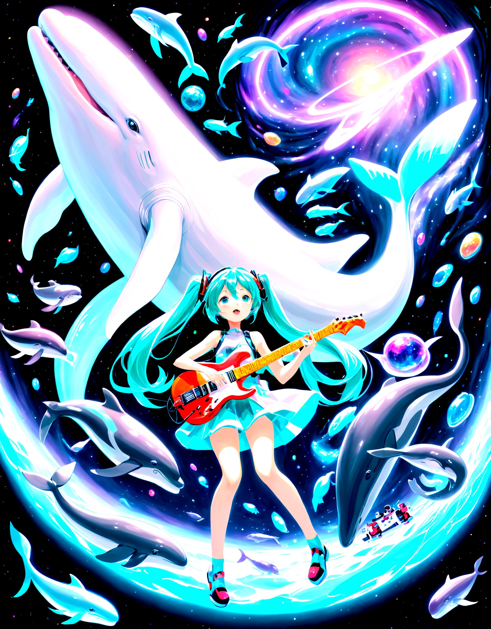 highres,best quality,An illustration of Hatsune Miku holding a cyber guitar and singing in space among a pod of whales.The background is a diagram of the galaxy. one white whale