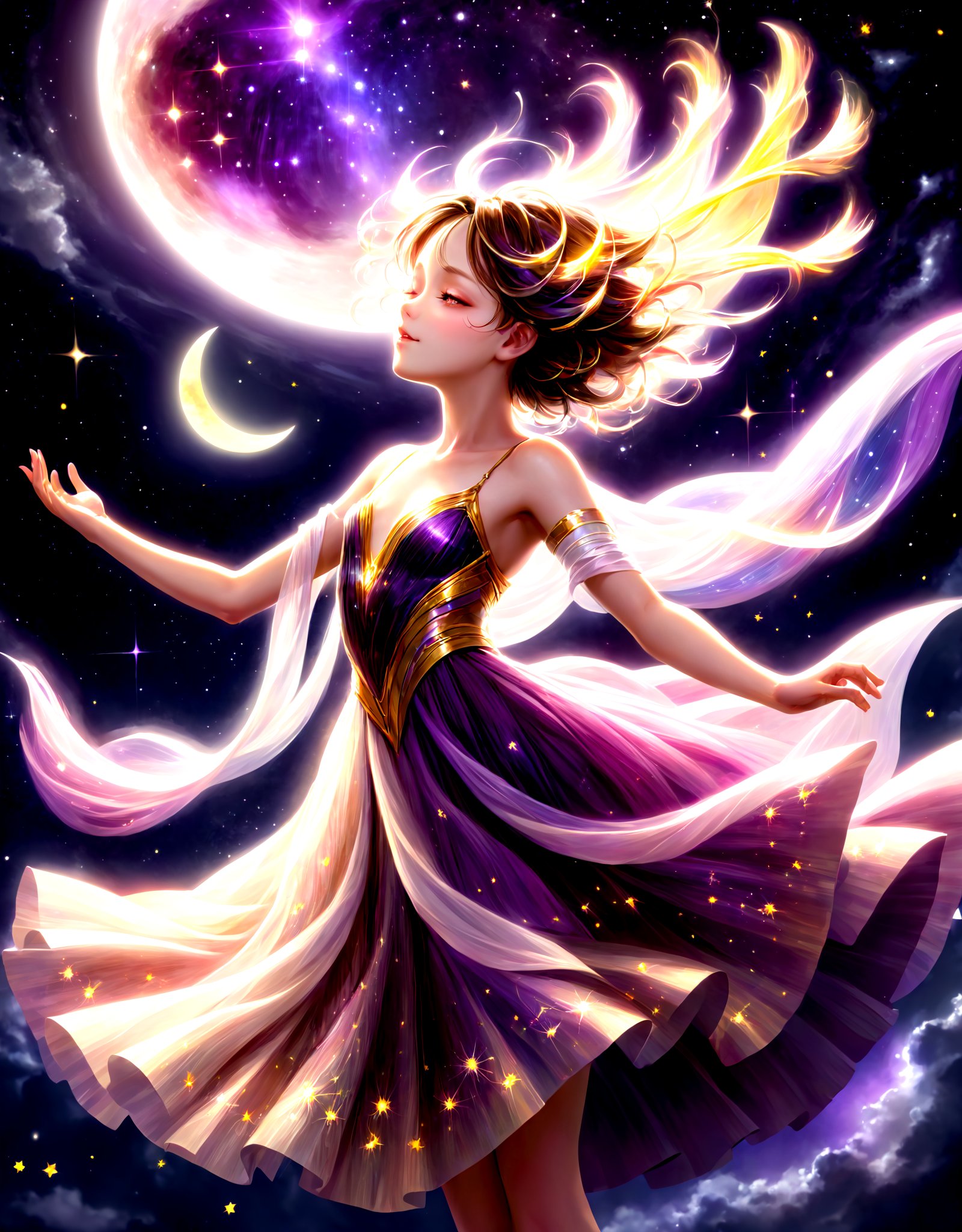 highres,best quality,Gathering stardust threads,Weaving dreams across the night sky.Moonlight dances in celestial waltz,Galactic winds whisper their secrets.