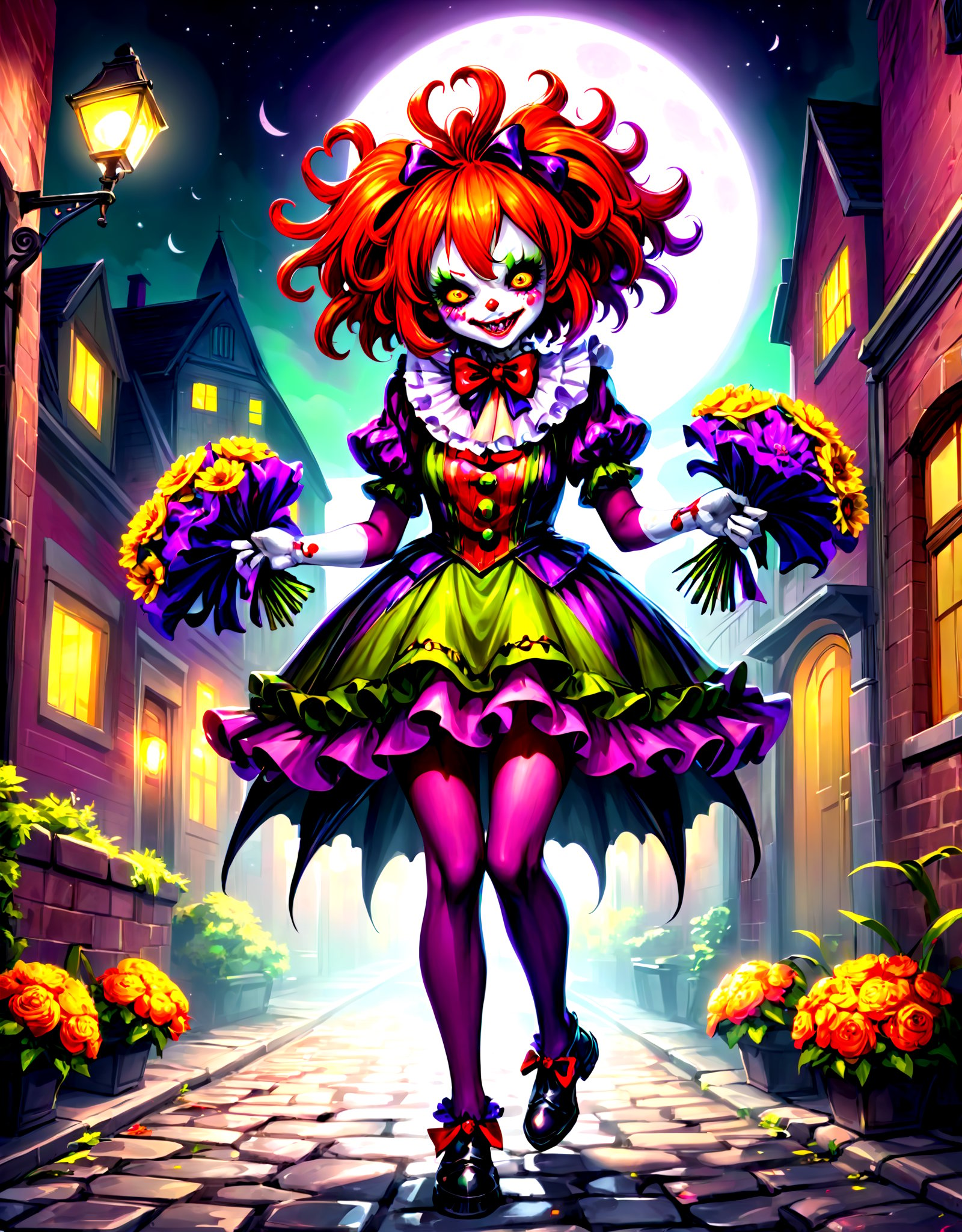 highres,best quality,Illustration of a frilly murder clown, Tarantula, with a mischievous smile and colorful frilly outfit, holding a bouquet of sinister-looking flowers in one hand and a small, glowing dagger in the other, standing on a cobblestone street under the moonlight, surrounded by a mixture of fear and fascination in the eyes of onlookers