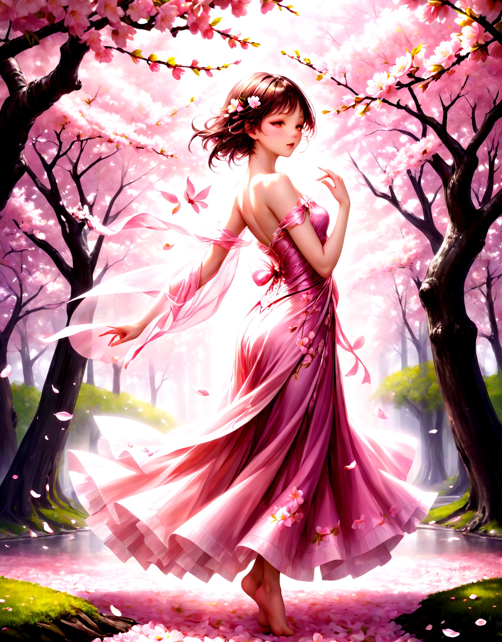 highres,best quality,In the garden of petals, secrets unfold, Cherry blossoms whisper tales untold. Their fragrant breath dances with the breeze, A delicate waltz beneath ancient trees.Pink confessions flutter, soft and light, As moonlight weaves dreams through the night. Petals fall like whispered promises made, In this ephemeral dance, memories fade.