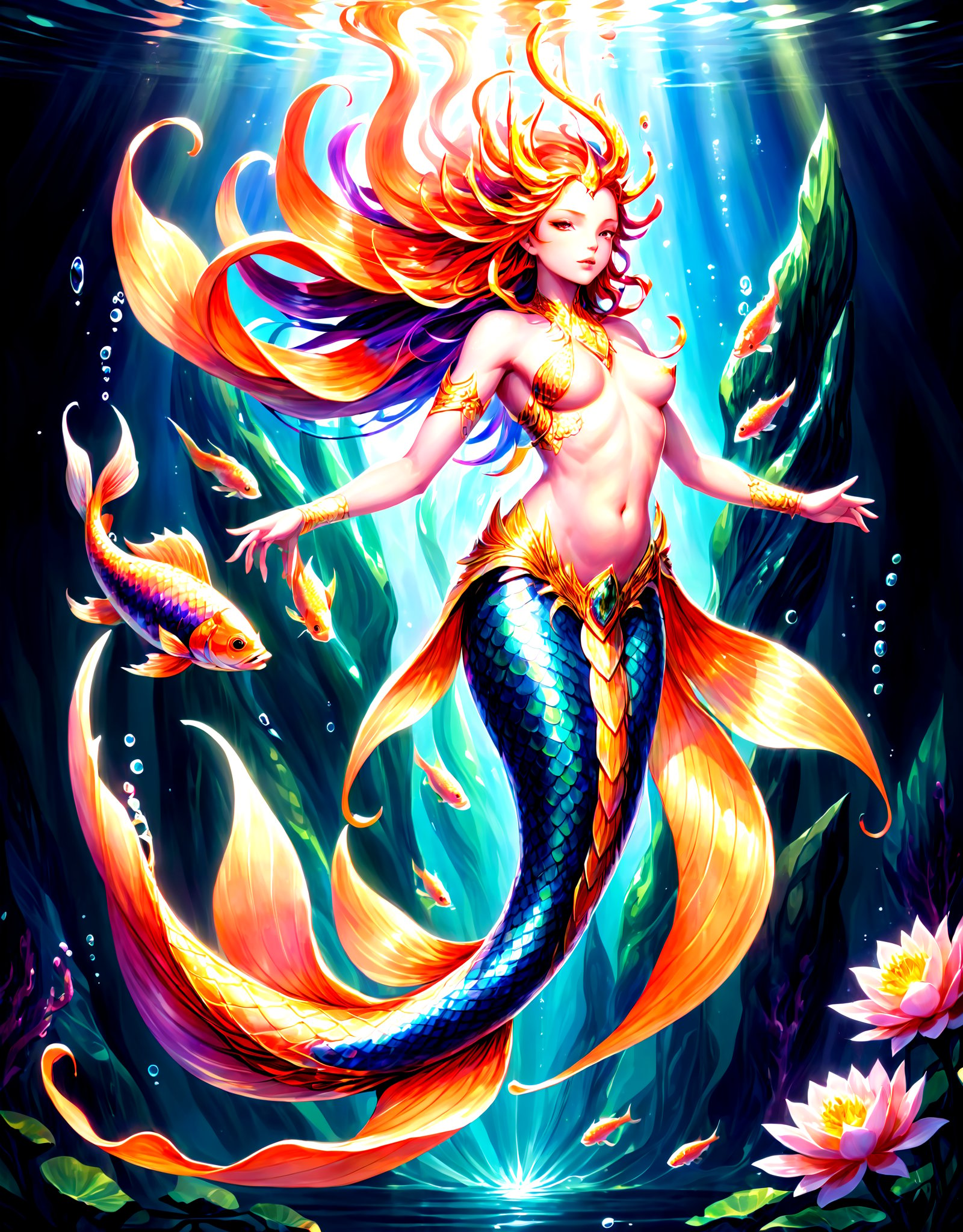 highres,best quality,Illustration of a majestic creature with the body of a fish and the upper body of a powerful, divine being, adorned with shimmering scales and elegant fins, exuding an aura of otherworldly grace and strength as it commands the waters with an ethereal presence.