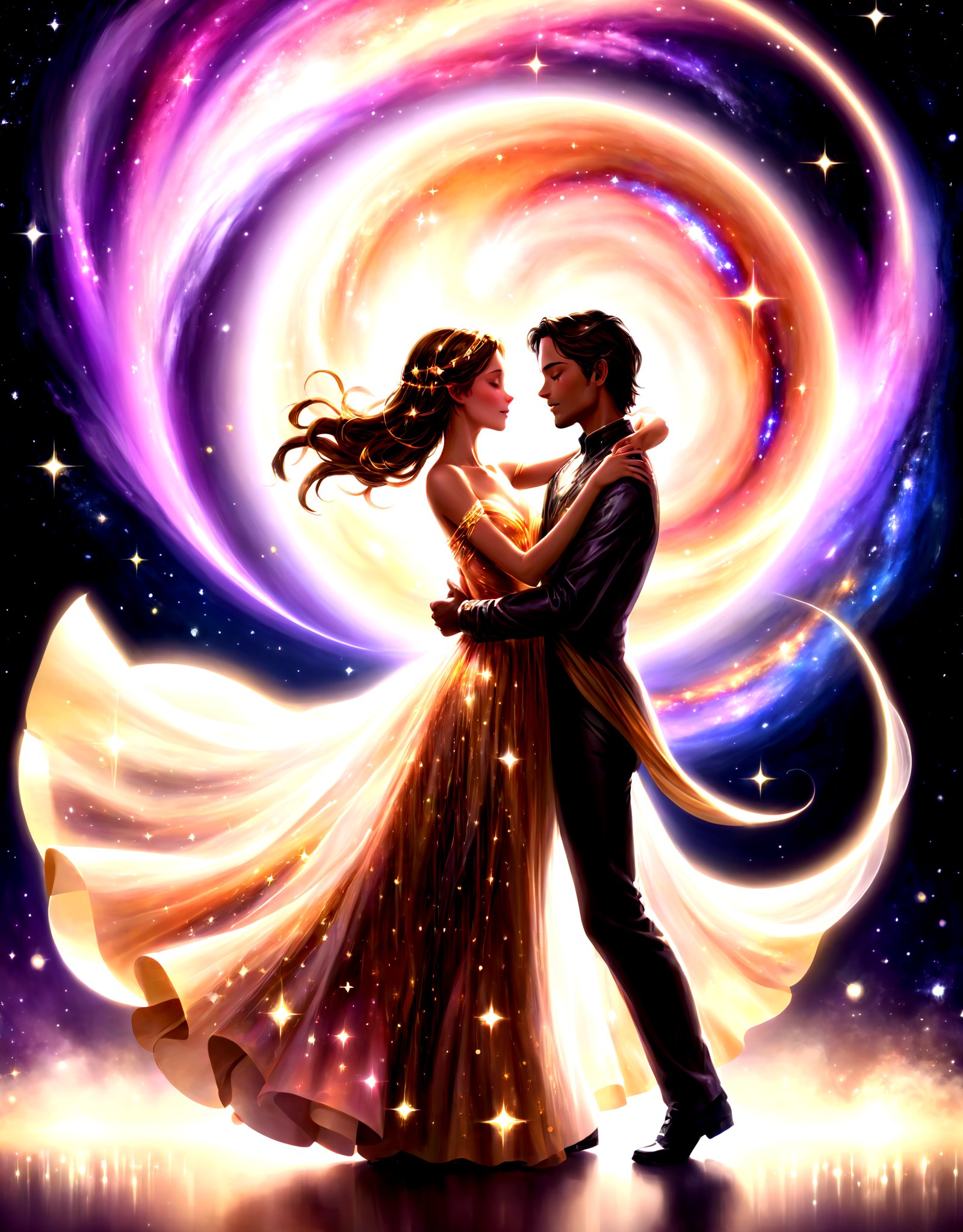 highres,best quality,In the cosmic ballroom, stars entwine,Their luminous gowns swirling divine.Galaxies whisper secrets, soft and bright,As moonbeams pirouette through the night.