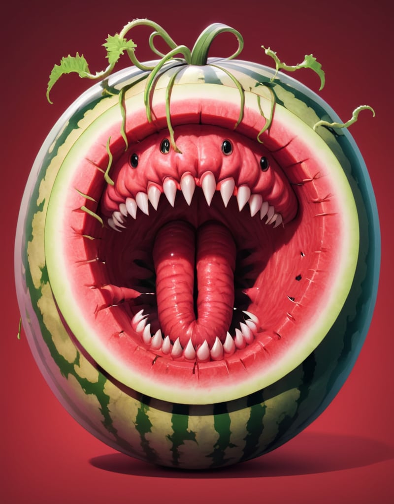 Illustration of a watermelon with a gaping, toothy mouth filled with sharp, twisted vines for teeth, its rind covered in wriggling, slimy tendrils reminiscent of intestines, and its flesh oozing with a deep red viscous liquid resembling blood