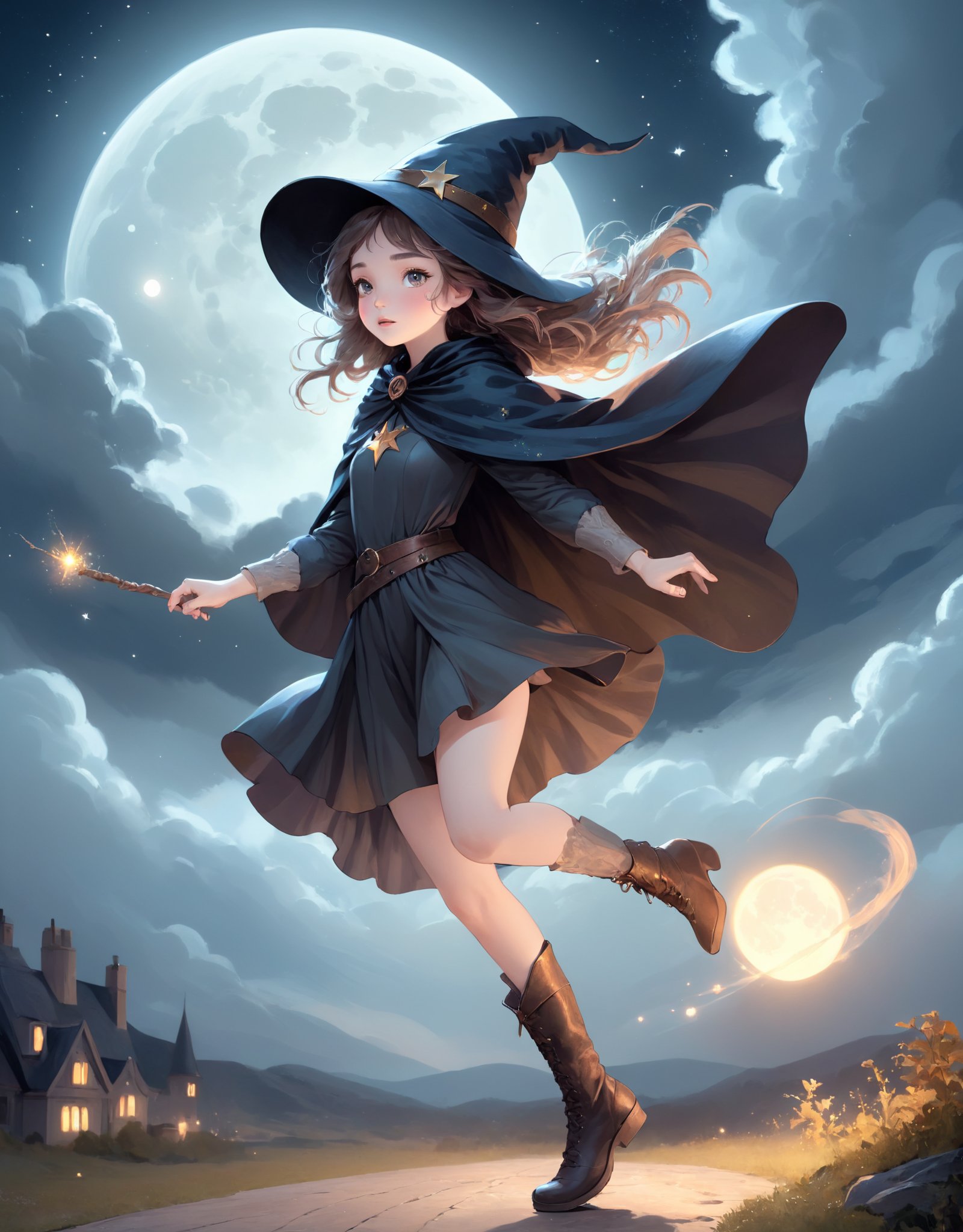 quality, ultra-detailed, illustration, 1girl, solo, fantasy, flying, night sky, outdoors, magic, spells, moon, stars, clouds, wind, hair, cape, hat, boots, glowing, mysterious, enchanting, whimsical, playful, adventurous, freedom, wonder, imagination, determination, skill, speed, movement, energy, realism, naturalistic, figurative, representational, beauty, fantasy culture, mythology, fairy tales, folklore, legends, witches, wizards, magical creatures, fantasy worlds, composition, scale, foreground, middle ground, background, perspective, light, color, texture, detail, beauty, wonder.