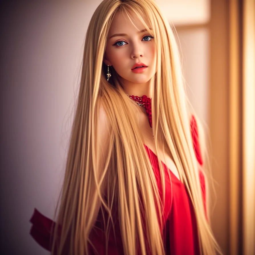 A close-up portrait of a stunning woman with long blonde hair and blue eyes. She is wearing a red dress that contrasts with her fair skin and accentuates her curves. She is looking at the camera with a confident and seductive expression, her lips slightly parted. Her earrings and necklace sparkle in the light, adding some glamour to her appearance. The background is blurred, focusing the attention on her face and body. The photo is taken from a low angle, making her look taller and more dominant.