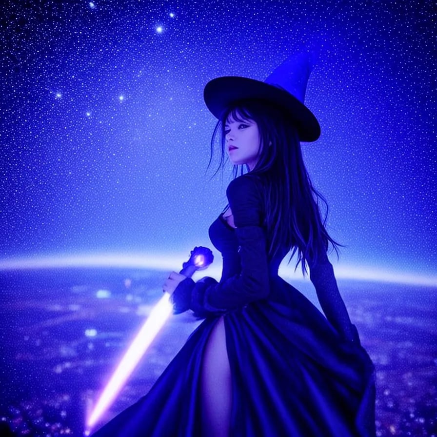 A magical shot of a witch floating in the sky at 2 km high. She is wearing a black dress and a hat, looking mysterious and beautiful. She is hovering over a city, with dazzling night lights in the background. She is surrounded by glowing magic, showing her power and grace. She is holding a magic wand in her hand, with magic gathering at the tip. her eyes shining. The photo is taken from a low angle, making her look big and majestic. The photo has a dark and purple tone, creating a sense of wonder and mystery.from behind <lora:flatBG:-1>