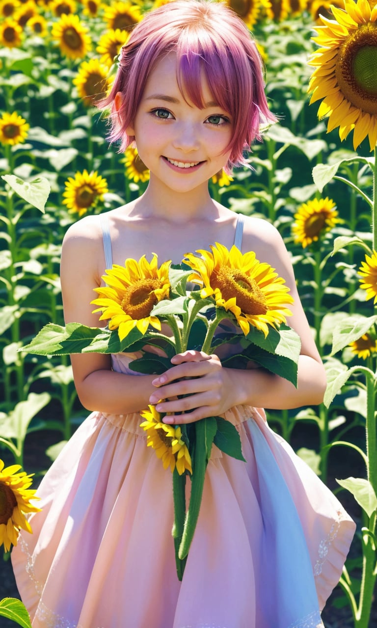 A cute shot of a lovely and cheerful girl with short pink hair and violet eyes. She is wearing a yellow dress and a flower crown, looking sweet and adorable. She is standing in a field of sunflowers, with the blue sky and the sun in the background. She is looking at the camera with a bright and happy expression, her eyes sparkling. She is holding a sunflower in one hand and a balloon in the other, showing her innocent and playful personality. The photo is taken from a high angle, making her look small and cute. The photo has a vivid and colorful tone, creating a sense of joy and beauty.