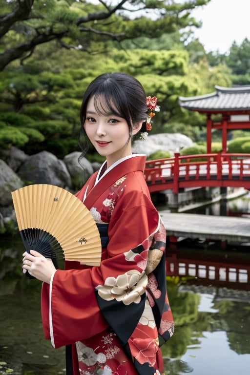 A graceful shot of a woman wearing a kimono and holding a fan. She is wearing a red and black kimono, looking elegant and traditional. She is standing in a garden, with a pond and a bridge in the background. She is looking at the camera with a calm and dignified expression, her eyes gentle and her mouth closed. She is holding a fan with one hand and her sleeve with the other, showing her refined and modest posture. The photo is taken from a straight angle, making her look friendly and charming. The photo has a natural and red tone, creating a sense of harmony and beauty