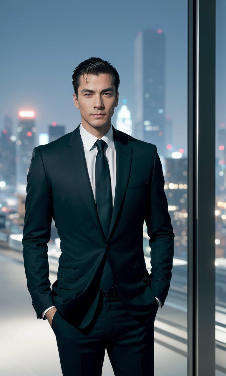 A sophisticated shot of a young and handsome man with slicked back hair and green eyes. He is wearing a black suit and tie, looking elegant and professional. He is standing in front of a skyscraper, with the city lights reflecting on the glass. He is holding a briefcase in one hand and a smartphone in the other, showing his busy and successful lifestyle. He is looking at the camera with a serious and confident expression, his chin slightly lifted. The photo is taken from a straight angle, making him look powerful and imposing. The photo has a cold and dark tone, creating a sense of mystery and charisma.