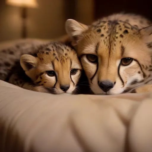 Photo of a cozy, dimly lit bedroom with a sleepy baby cheetah curled up on a fluffy blanket, gazing at the camera with its big, trusting eyes, while a caring individual gently pets its back, creating a heartwarming and comforting scene