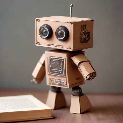 Small robot, robot made of cardboard, cute illustrations, illustrations with a book-like touch