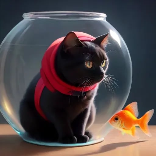 A photo of a black cat wearing a red hoodie. Staring at the goldfish in the fishbowl