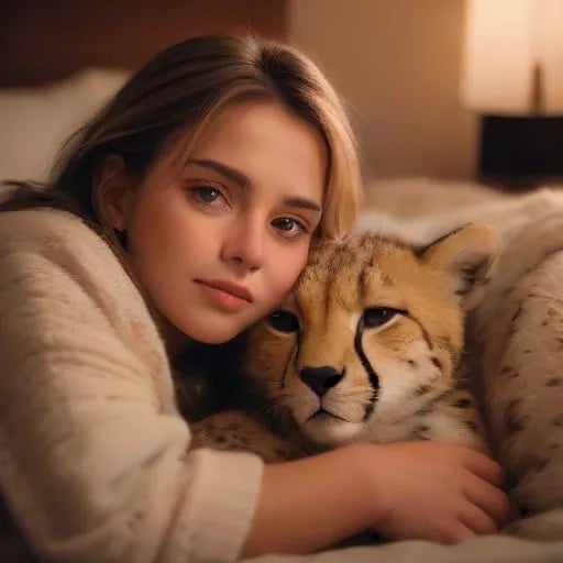 Photo of a cozy, dimly lit bedroom with a sleepy baby cheetah curled up on a fluffy blanket, gazing at the camera with its big, trusting eyes, while a caring individual gently pets its back, creating a heartwarming and comforting scene