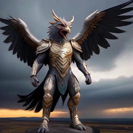 photo of a mighty griffin warrior in full zentai armor, standing tall with its wings spread wide and fierce determination in its eyes, ready for battle against a dramatic, stormy sky backdrop