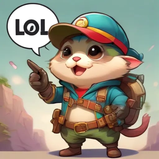 Illustration of Captain Teemo from the popular game League of Legends, standing with a mischievous grin on his face and pointing towards the speech bubble above him, which reads "LOL" in bold, playful letters.