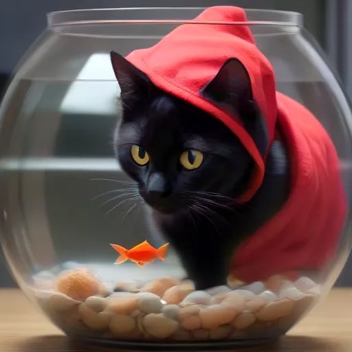 A photo of a black cat wearing a red hoodie. Staring at the goldfish in the fishbowl