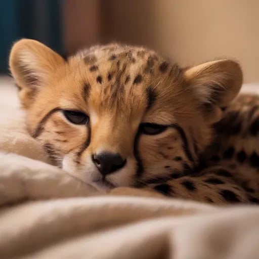 Photo of a cozy, dimly lit bedroom with a sleepy baby cheetah curled up on a fluffy blanket, gazing at the camera with its big, trusting eyes, while a caring individual gently pets its back, creating a heartwarming and comforting scene