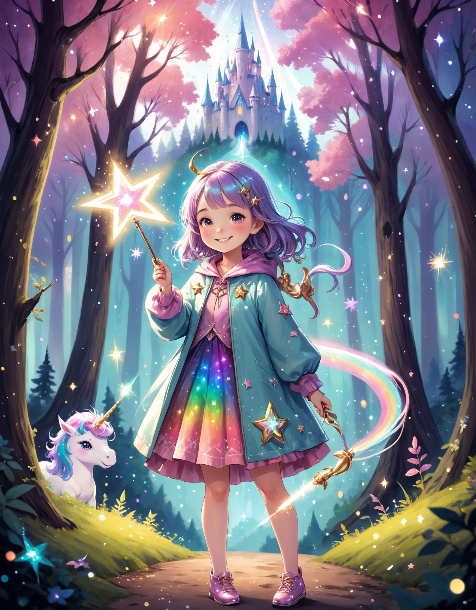 image type of illustration:A magical young girl with a wand in one hand, casting colorful spells with glittering stars and sparkles surrounding her. She has a mischievous smile, wearing a whimsical outfit with pastel colors and glowing crystals embedded in her outfit, standing in a magical forest filled with fairytale creatures like cute unicorns and friendly dragons.