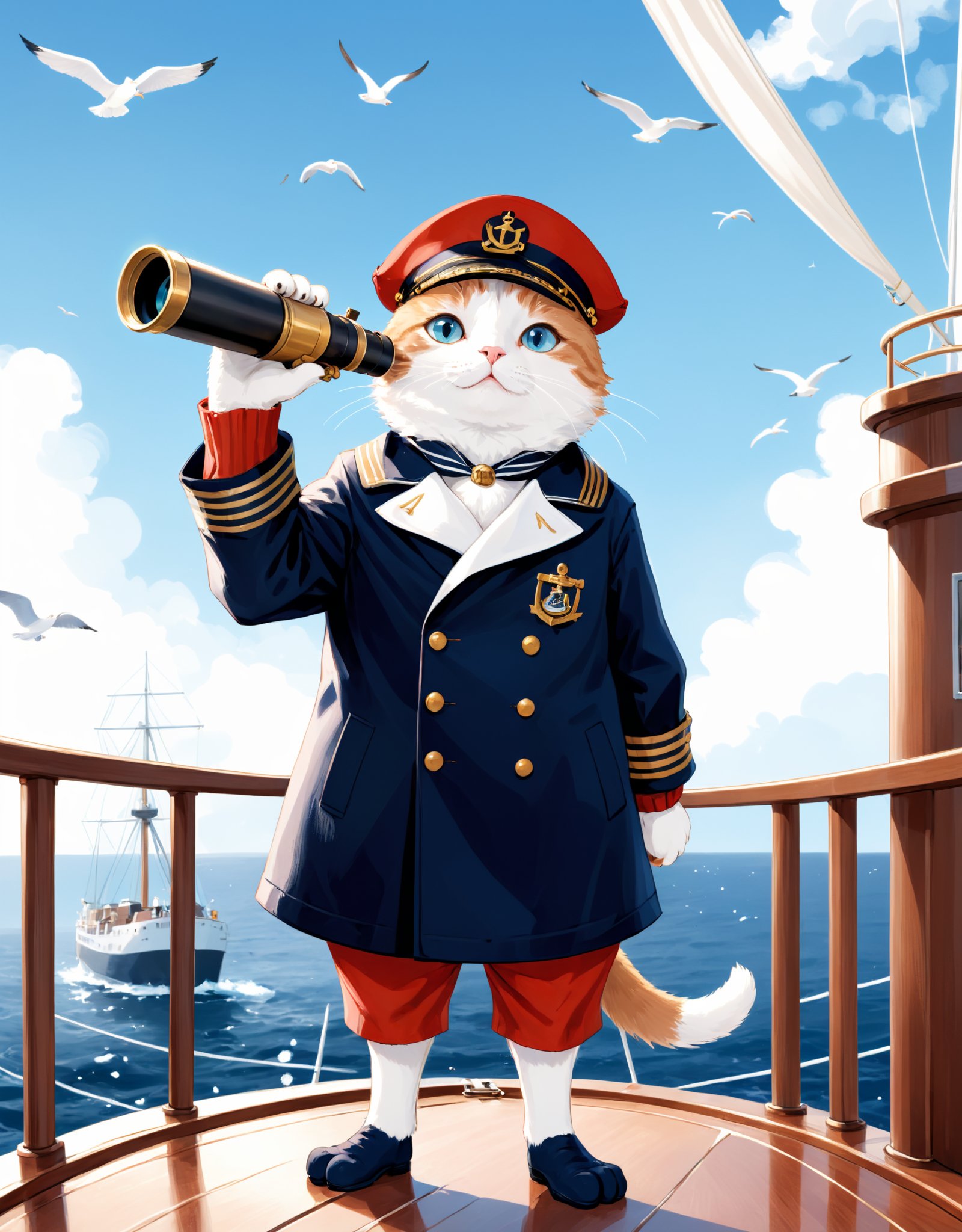 Image type of Illustration:A whimsical illustration depicting a cat captain wearing a sailor hat and a captain's coat, standing confidently on a ship's deck with a telescope in one paw. The background shows a vast ocean with seagulls flying overhead and a clear blue sky.