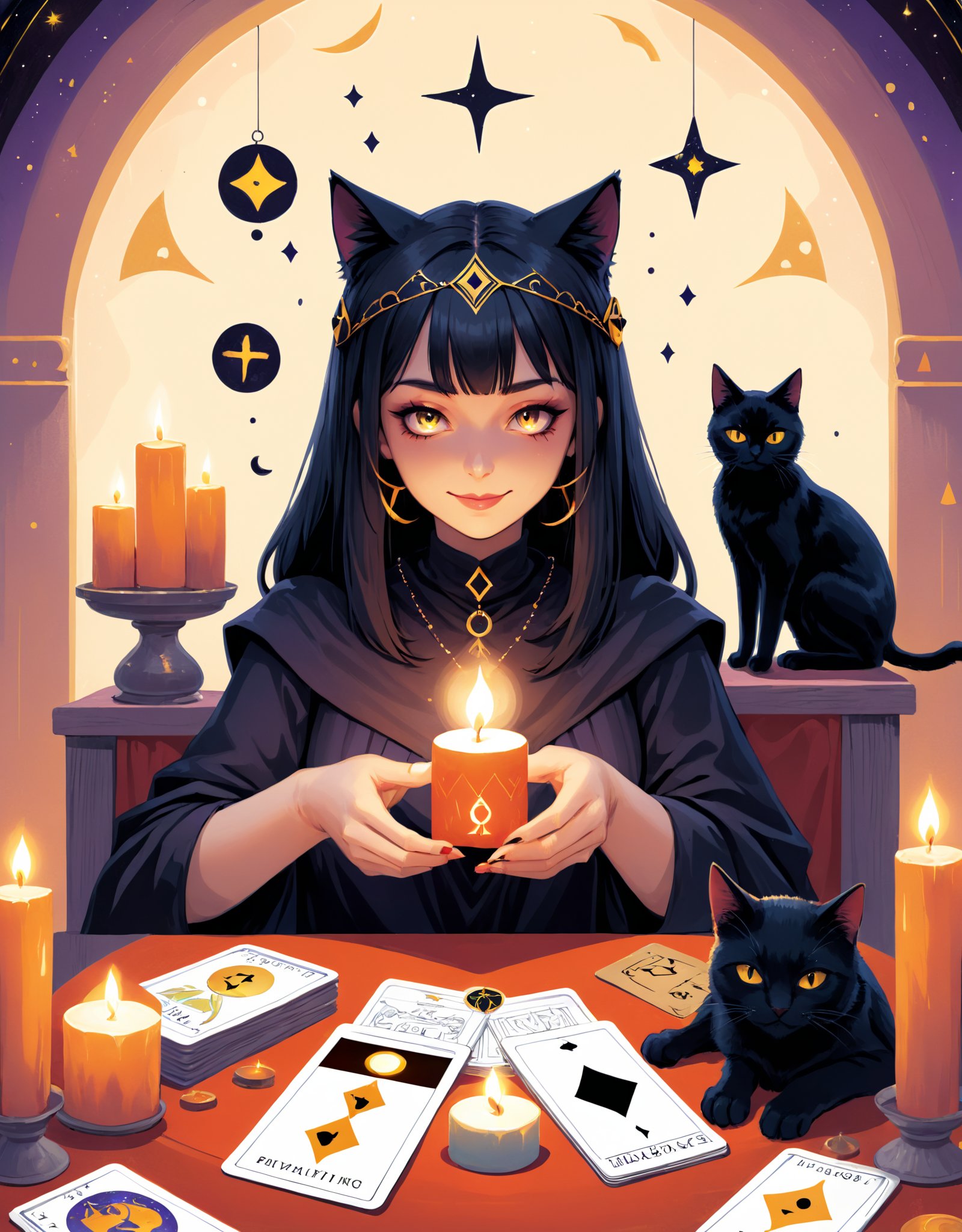 Image type:Illustration  An enigmatic fortune teller using cardboard for Tarot reading, surrounded by flickering candles and mystical symbols, with a black cat perched on their shoulder, peering into the future with a mischievous grin.