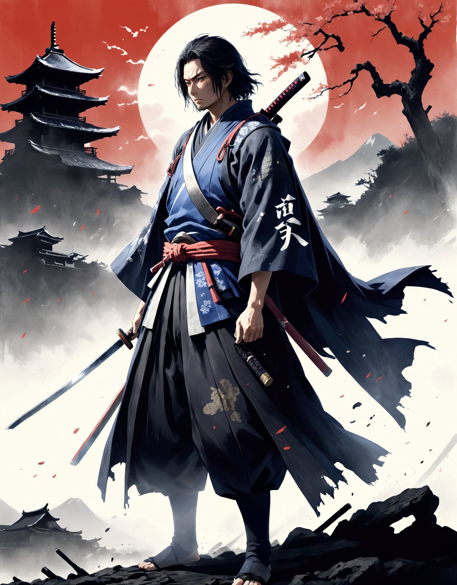 Samurai, rebellious, battlefield devastation poster, sword held high, tattered cloak, Yamata no Orochi silhouette, grainy texture