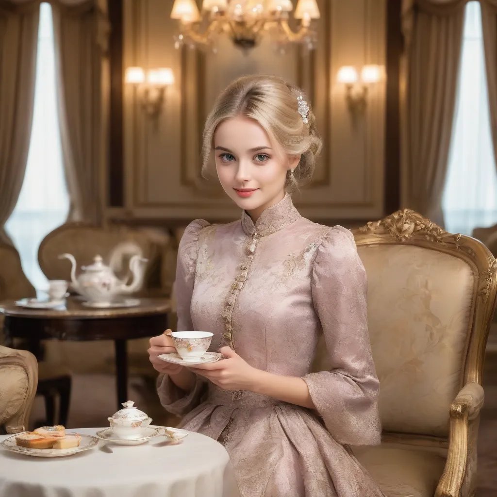 A young lady elegantly enjoying tea in a royal suite lounge, blonde